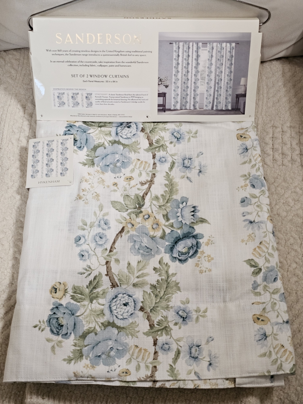 SANDERSON Hykenham Floral Cottage Cotton Curtains 2 Drapes 50" x 84” Blue HTF